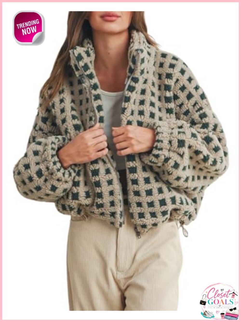 Cropped Sherpa Fleece Plaid Jacket Long Sleeve Zip Up Women's